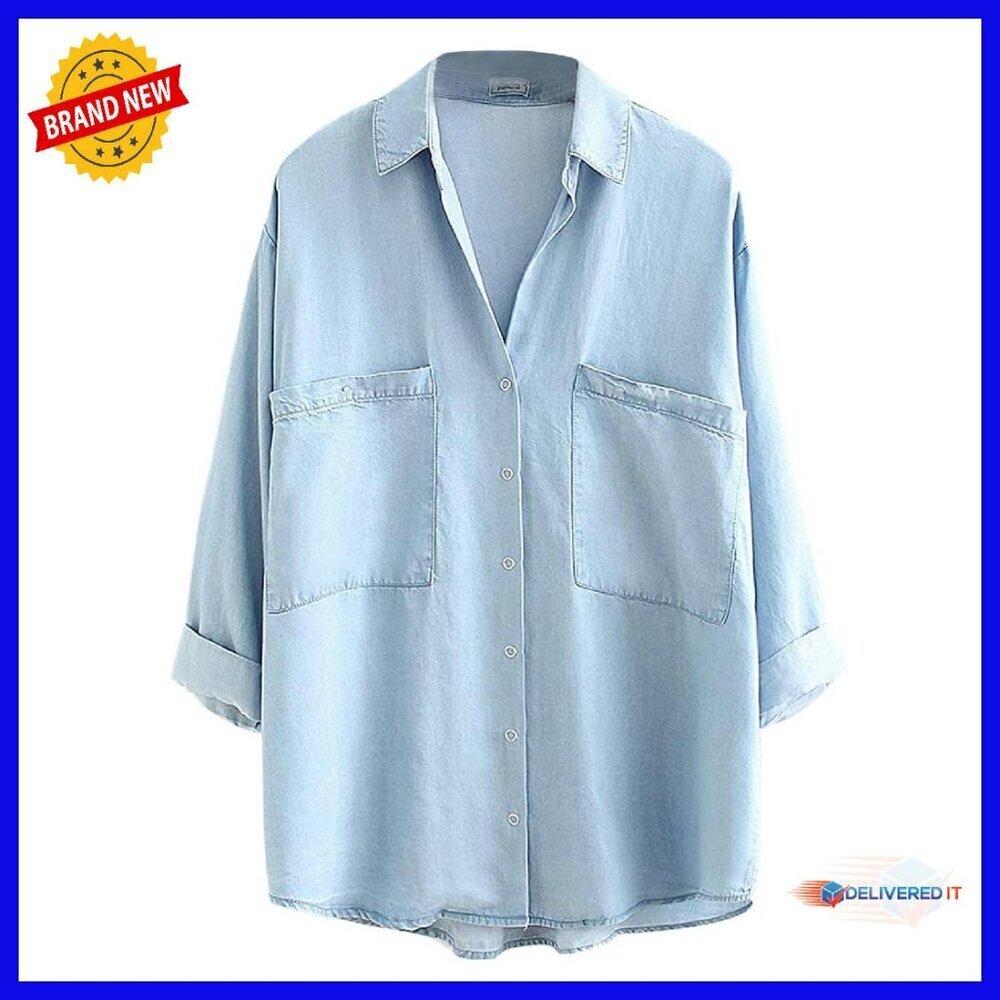 Soft Tencel Denim Shirt 3/4 Sleeve Button Down Women's Casual Top